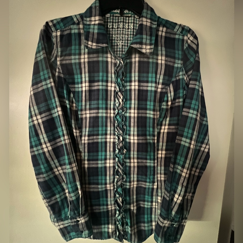 Guess Ladies Teal, Navy, and White Plaid Button-Down Shirt